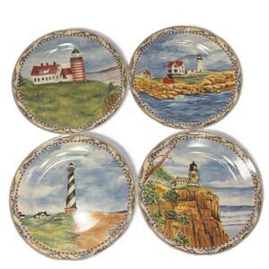 Lighthouse Plates American Atelier 8in Porcelain Coastal Nautical Decor Set 4 🌊